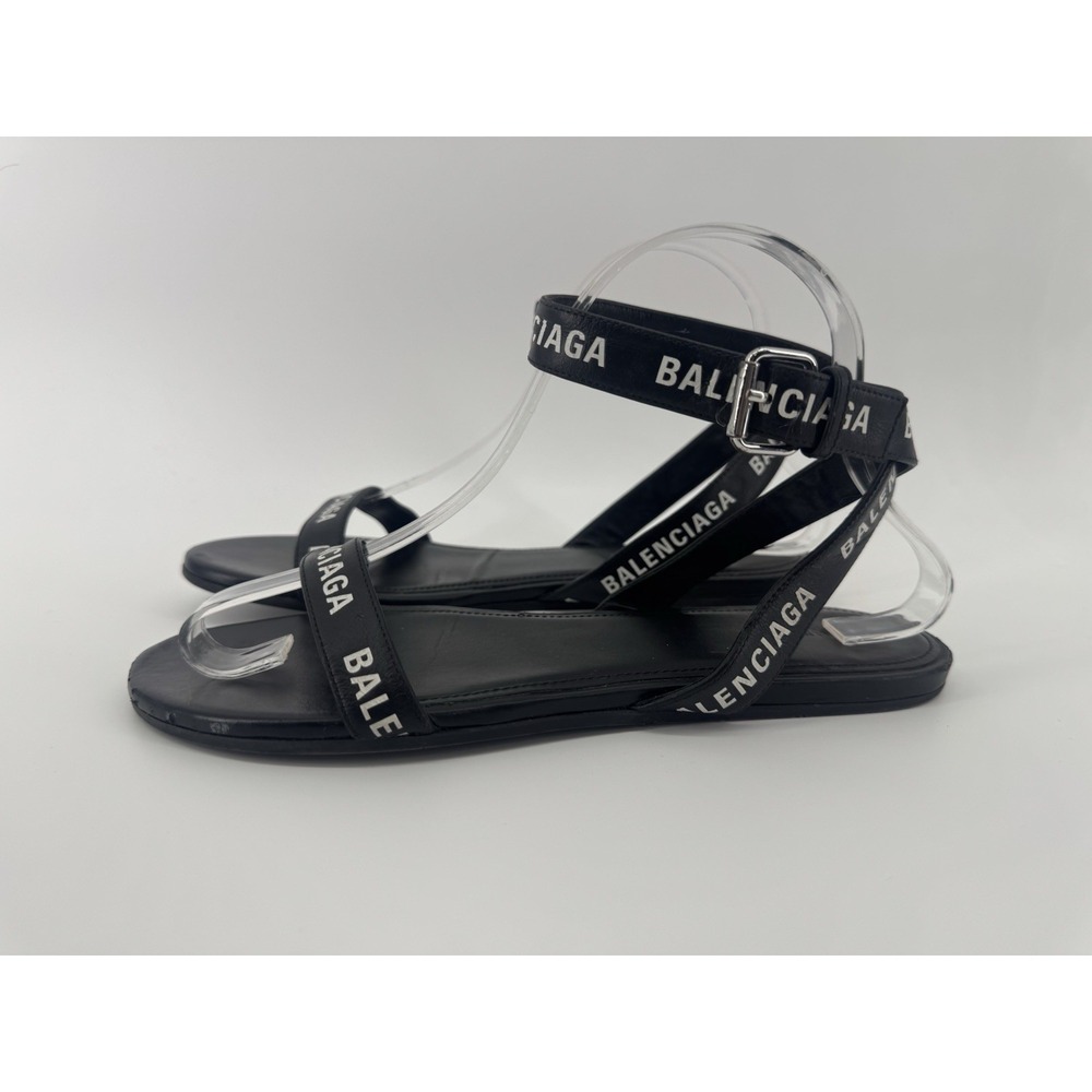 Authentic Balenciaga Logo Print Ankle Strap Sandal Black White Size 38.5 - Picture 3 of 10